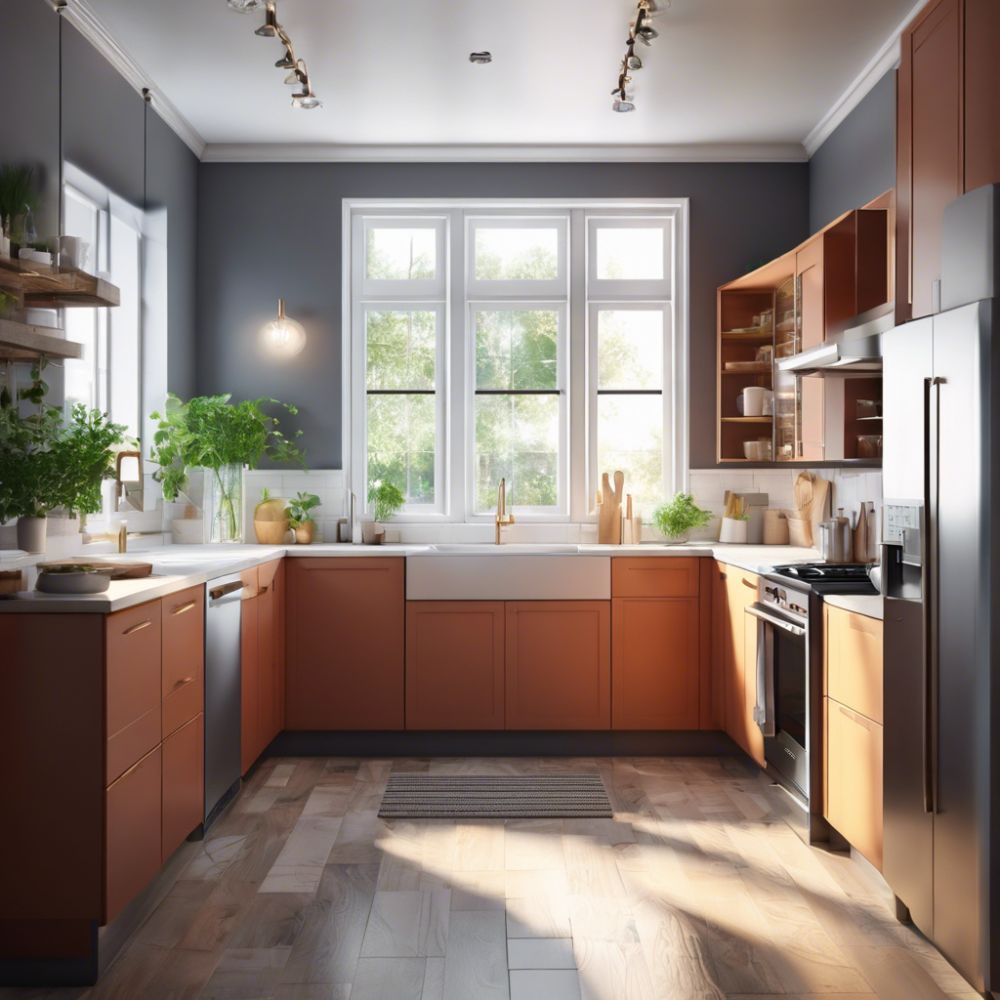 Grey kitchen painted with wood floors. 