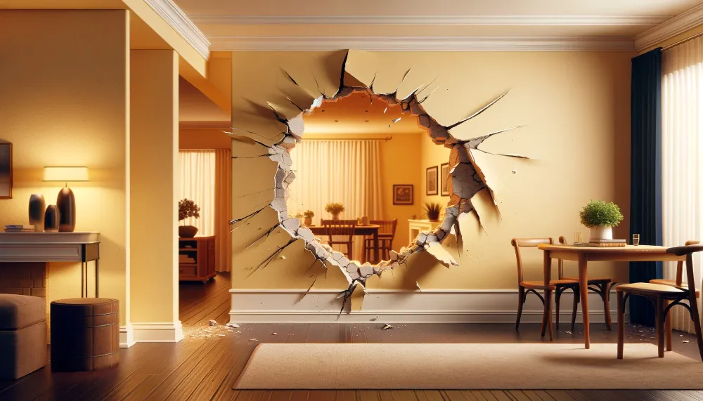 A large drywall hole in the wall of a dining area.