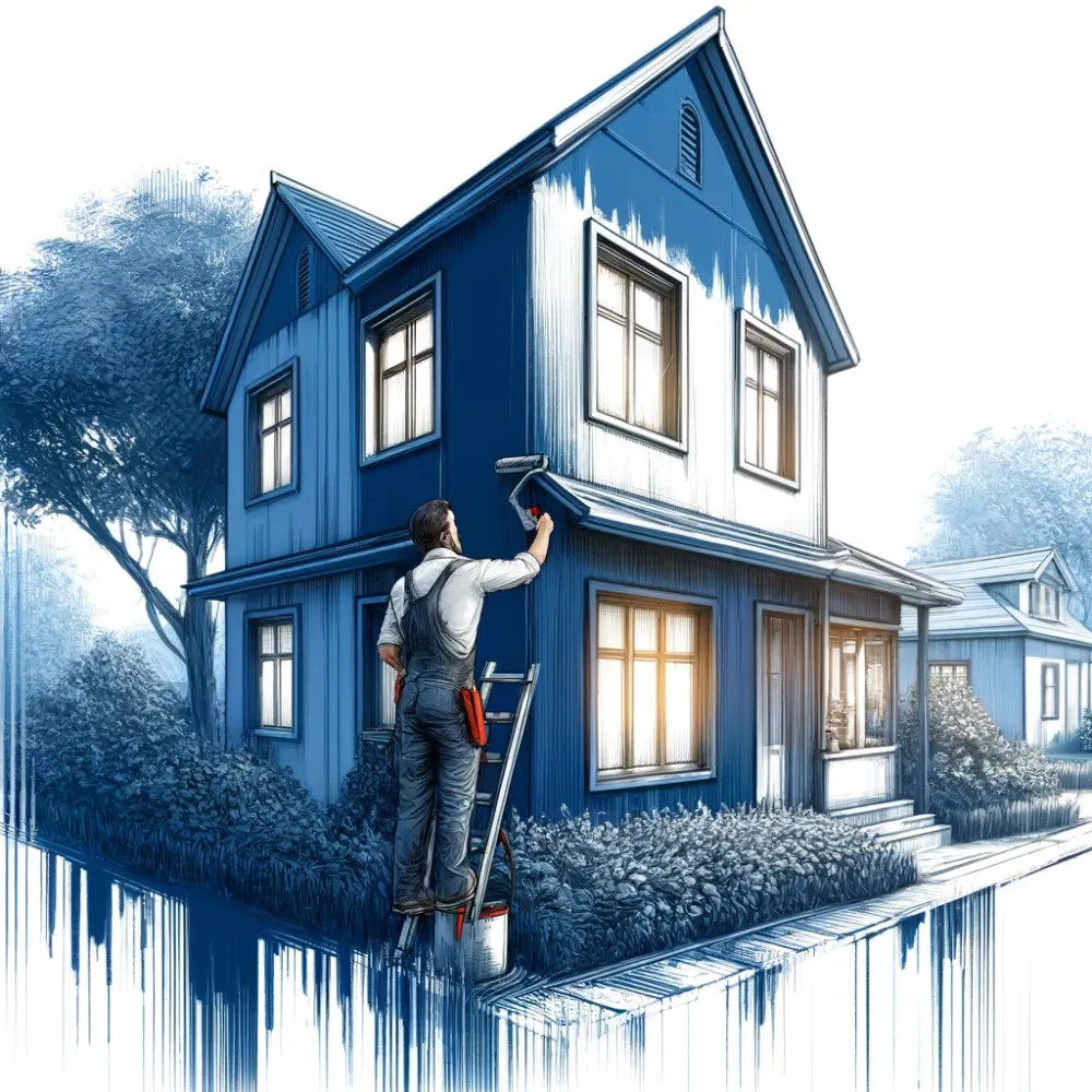 Man paints the exterior of his house in art depiction for Brightcoat Painting