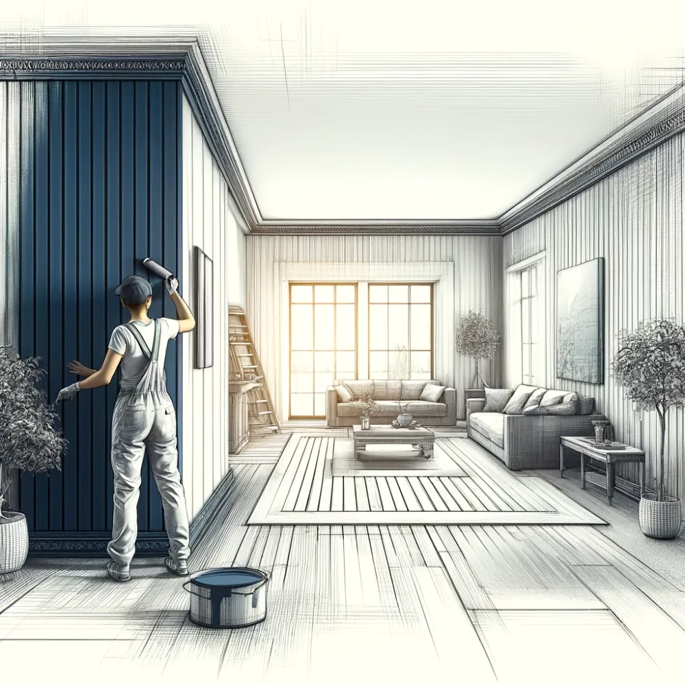 Painter paints the interior room walls blue.