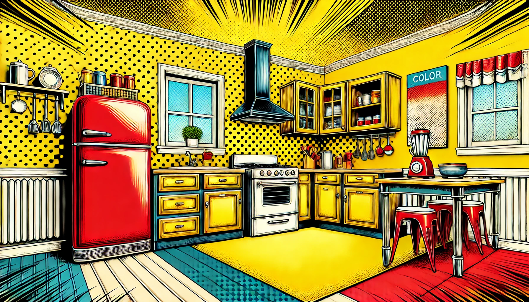 A dynamic CGI pop art masterpiece featuring a kitchen with walls painted in energetic yellow, enhanced with red and neutral-toned accents. The room combines a mix of vintage and modern hardware elements, showcasing a blend of an old-fashioned stove, a modern refrigerator, and a retro blender. The color psychology is highlighted by the cheerful yellow walls and the stimulating red accents. The artwork captures a perfect blend of color and hardware styles, creating an eye-catching and vibrant kitchen space.