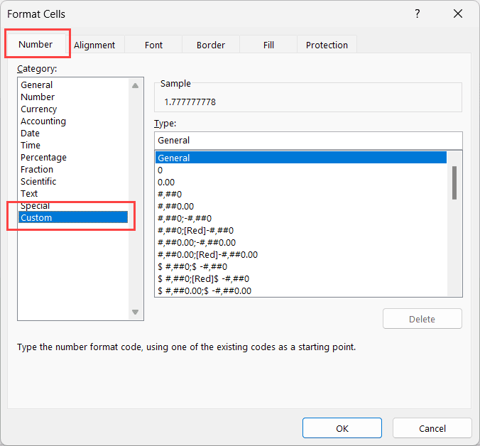 Click on the custom option in the number tab
