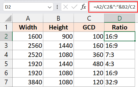 Formula to calculate ratio using GCD