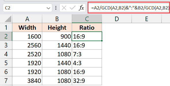 Formula to calculate ratio with GCD formula baked in