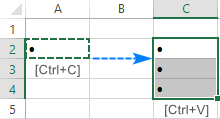 Copying a bullet point to non-contiguous cells