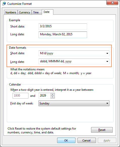Setting the custom date and time formats