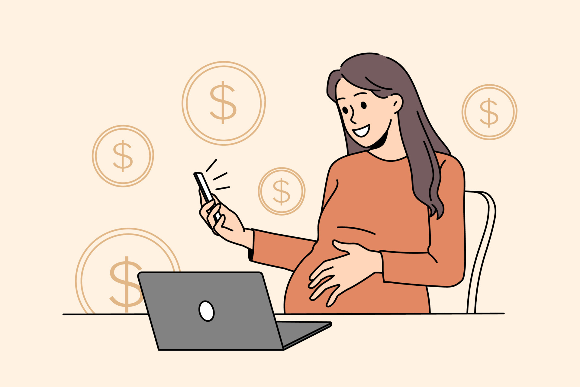 Pregnant businesswoman work online on laptop multitask with smartphone on maternity leave. Female employee future mom trade on internet earning money on web. Vector illustration. 13530091 Vector Art at Vecteezy