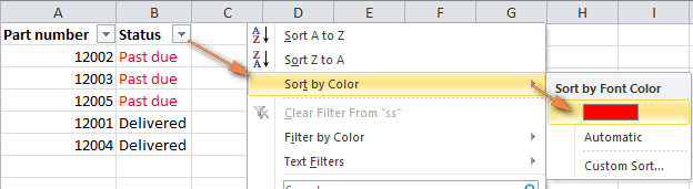 Use Excel AutoFilter to sort by one color.