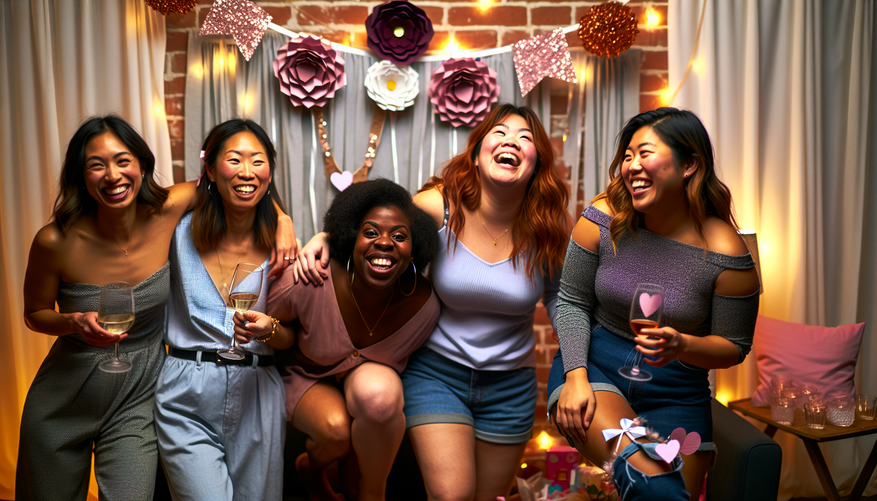Group of friends posing with DIY decorations at a bachelorette party
