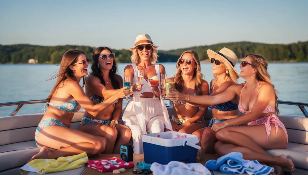 Female friends joyfully commemorate a bachelorette party on a boat at Lake Norman, surrounded by breathtaking panoramas and enjoying drinks together. Laughter fills the air as they enjoy unforgettable memories during this fun summer gala.