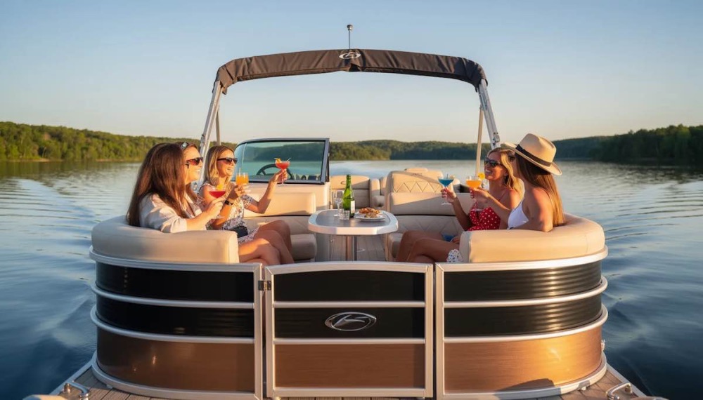 A luxury pontoon boat is anchored on Lake Norman, where friends of the newly engaged are enjoying drinks and laughter under the warm sun. The stunning vistas of the lake form a glorious backdrop for this memorable bachelorette party.