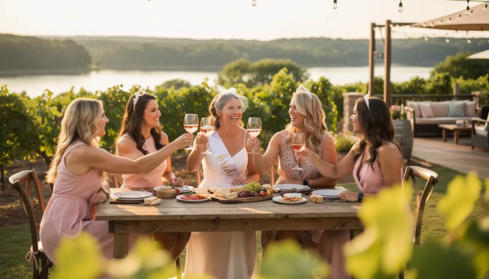 A group of female friends is celebrating the soon to be married pal at a lively wine tasting in a picturesque vineyard, with stunning views of Lake Norman in the background, creating perfect memories for her bachelorette party. The scene captures the joy and camaraderie of the moment as they enjoy drinks and laughter together.
