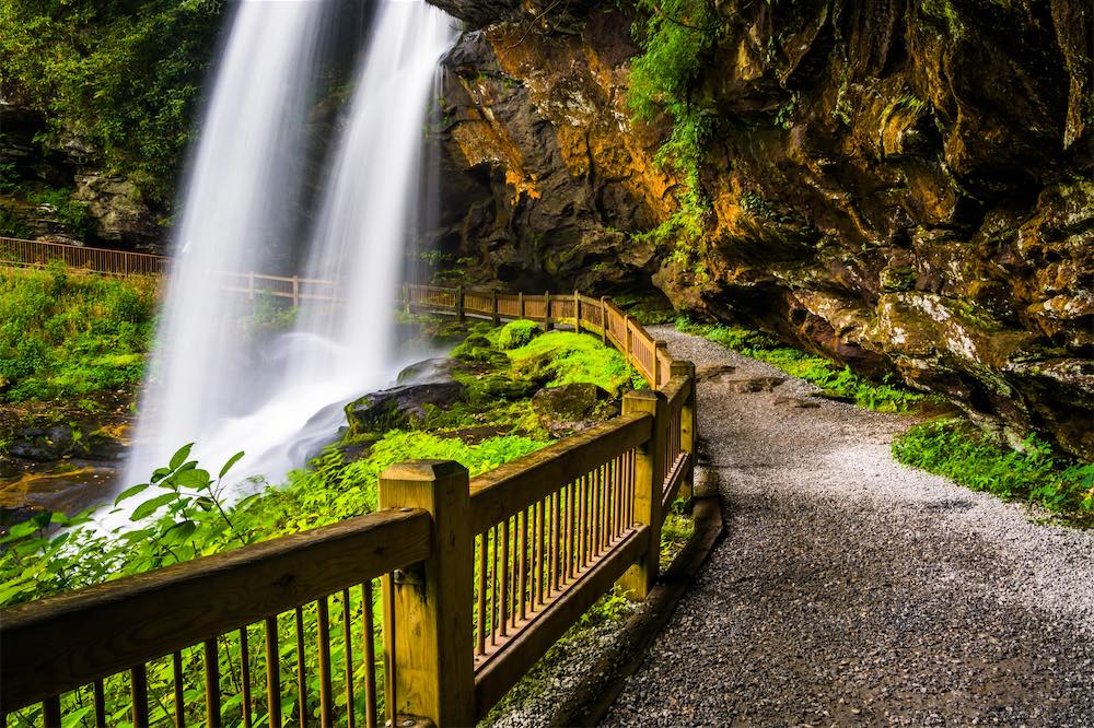 Trail behind waterfall at Nantahala National Forest