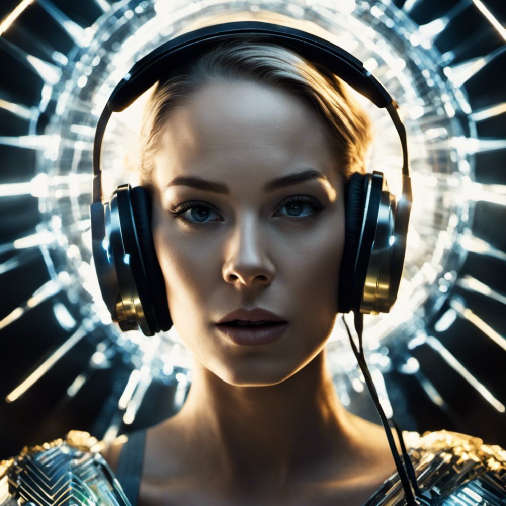 A young woman wearing headphones on a futuristic background, listening to music while she communicates with no background noise.