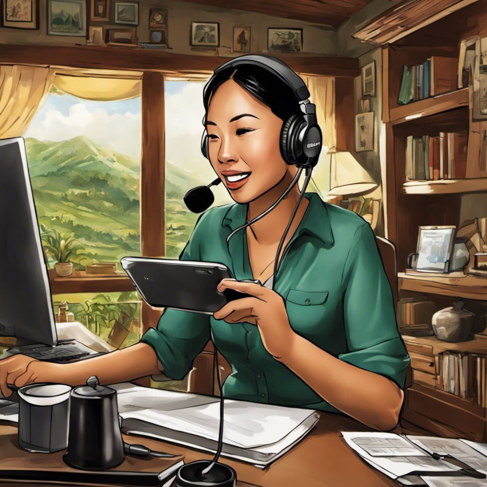 A woman in a headset is sitting at a modern desk, using tools to build and create content for her new job teaching long distance.