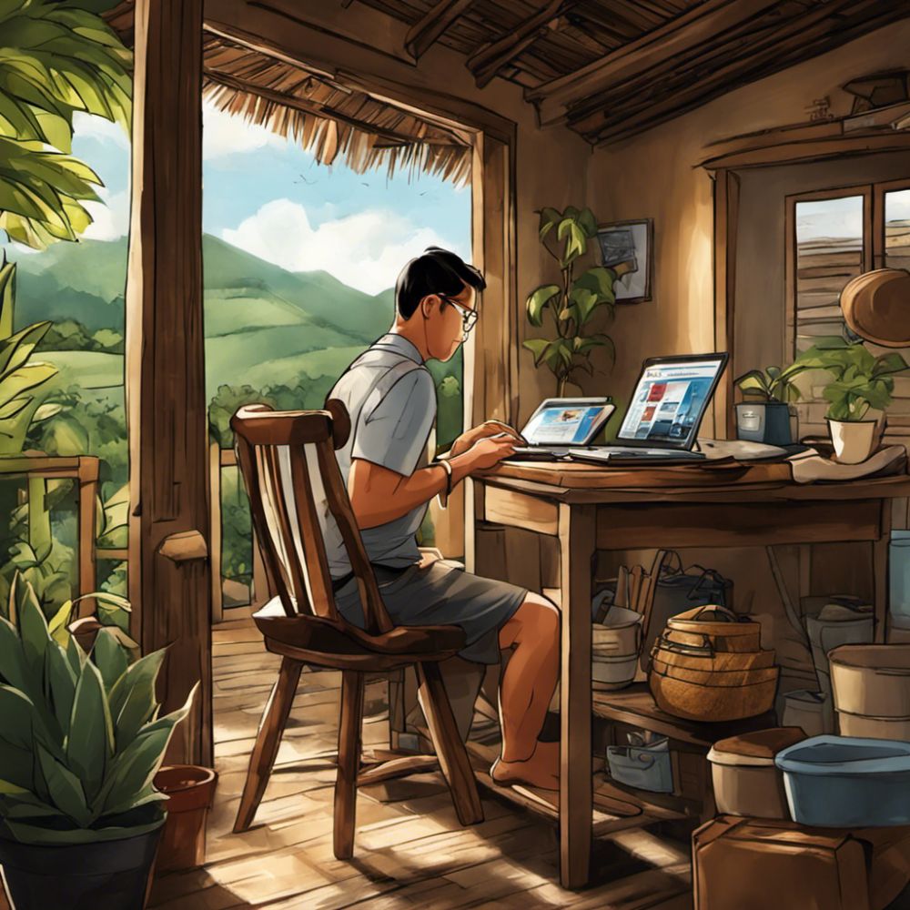 A modern illustration depicting a man diligently working on his laptop in the comfort of his own home.