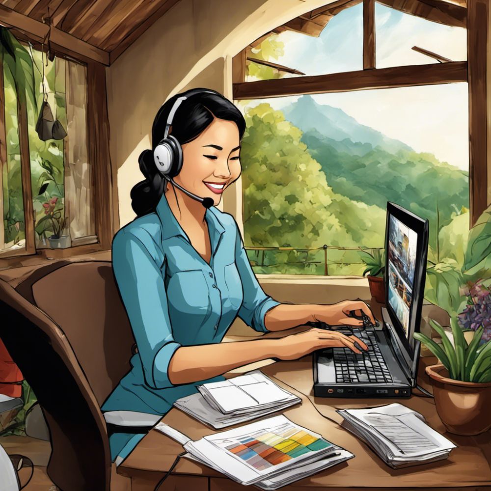 A cartoon illustration of a woman working on a laptop for her Virtual Assistant Job with CrystalSound noise free audio 