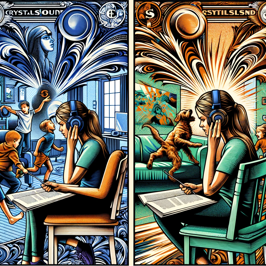 Create two abstract, artistic images with a money-printing and comic book aesthetic, depicting a woman working from home using CrystalSound headphones to cancel noise. In the bustling home setting, include children playing and a dog barking in the background. The images should incorporate guilloche patterns from currency and bold linework from comic books, using the brand's color palette. The scene should be lively, with the children and dog in mid-action, portraying a loud and energetic atmosphere, while the woman remains focused on her work, undisturbed by the surrounding chaos thanks to the noise-canceling feature of the headphones.