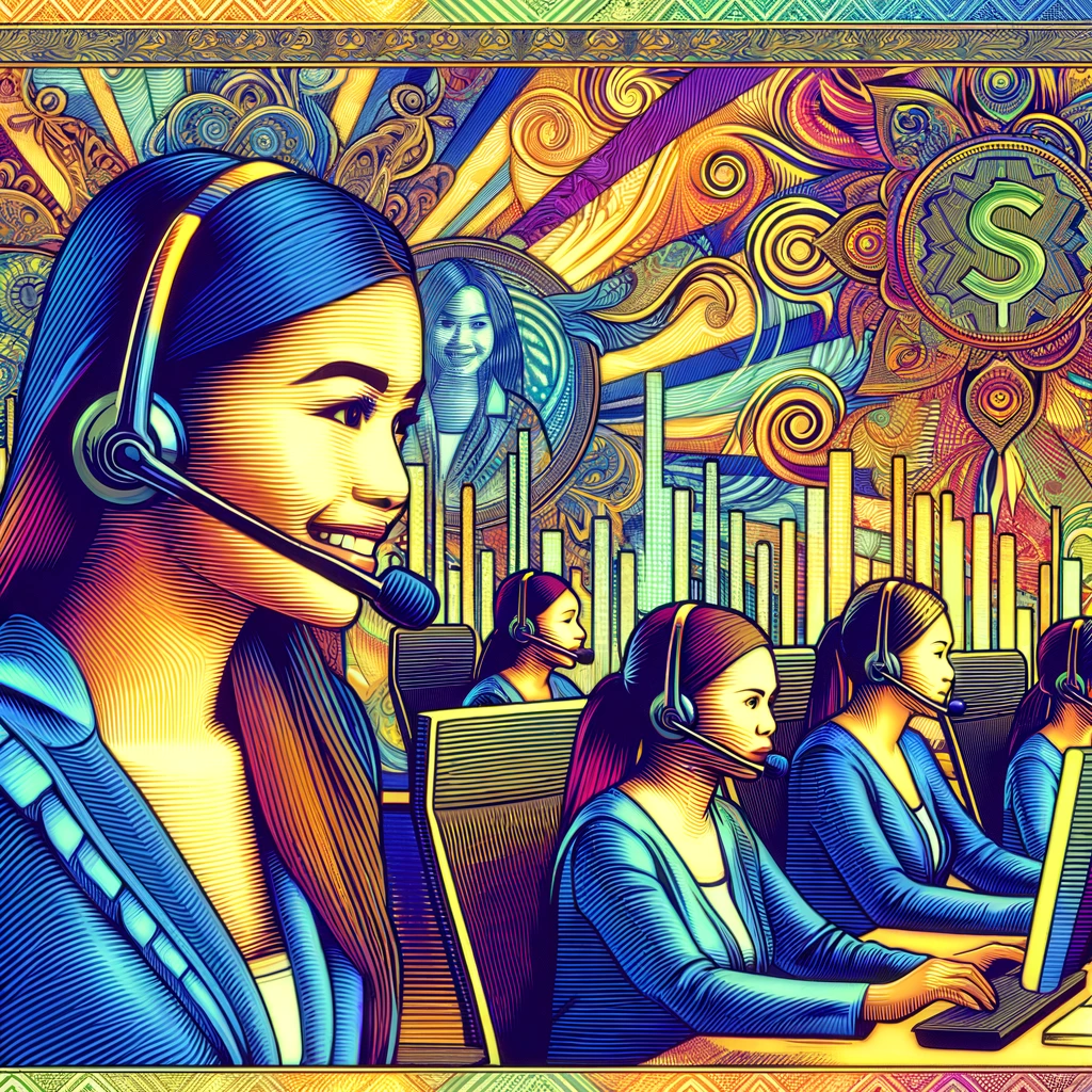 Create a single abstract, artistic image with a money-printing and comic book aesthetic, portraying a welcoming scene of a call center or home office with Filipina employees wearing headset microphones. The imagery should reflect a positive and inclusive work environment, emphasizing the noise-cancellation technology in use. Include the vibrant brand color palette, intricate guilloche patterns from currency, and bold comic book-style outlines to convey a dynamic yet professional setting that highlights the effectiveness of CrystalSound in managing virtual communication and noise cancellation.