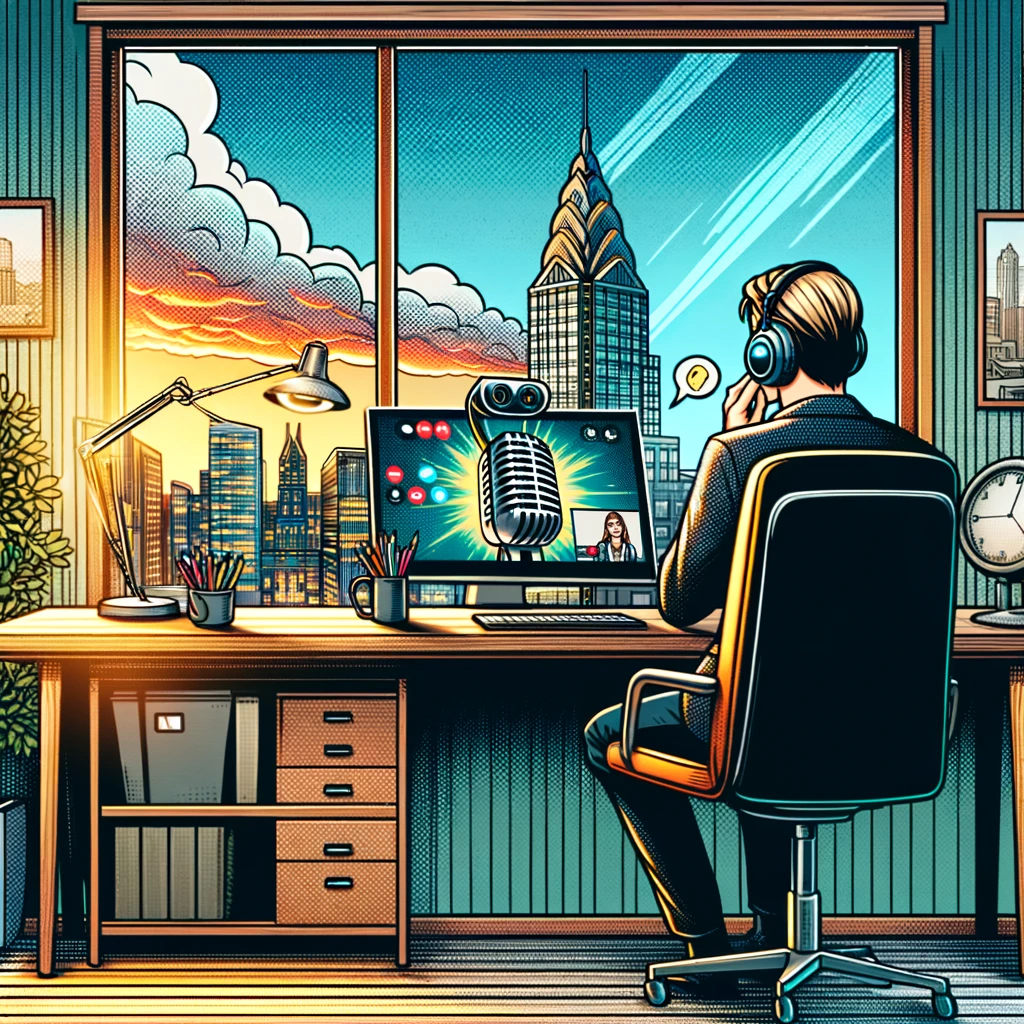 A digital illustration of a modern, cozy home office with a large window overlooking a bustling cityscape, indicating a juxtaposition of calm workspace inside against the noisy city outside. The office has a sleek desk with a high-tech computer setup, complete with a noise-cancelling microphone featuring a visible 'Crystal Sound' logo, symbolizing advanced noise-cancellation technology. A person is having a video call on the computer, smiling, undisturbed by the city noise. The image has a friendly and inviting comic book style with vibrant colors, providing a sense of peace and professional productivity. The scene represents a work-from-home environment where technology like Crystal Sound enhances the work experience despite external chaos.