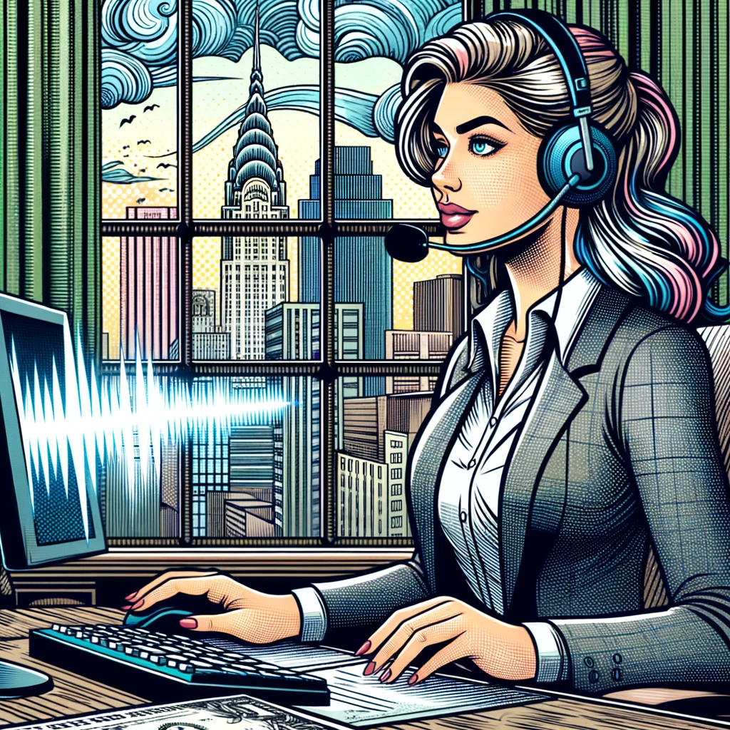 Continuing with the comic book style infused with currency engraving, this illustration shows a professional woman in her home office, now filled with tranquility. She's confidently conducting a virtual interview, undisturbed by the city noise which is visually depicted as fading in the background, thanks to Crystal Sound technology. She's wearing a headset, and her expression is confident and composed. The cityscape is still present through the window, but it's more subdued with soft, noise-cancelling waves emanating from the Crystal Sound device. The artwork is vibrant, combining the detailed engraving lines with bold comic book outlines, emphasizing her newfound professional peace.