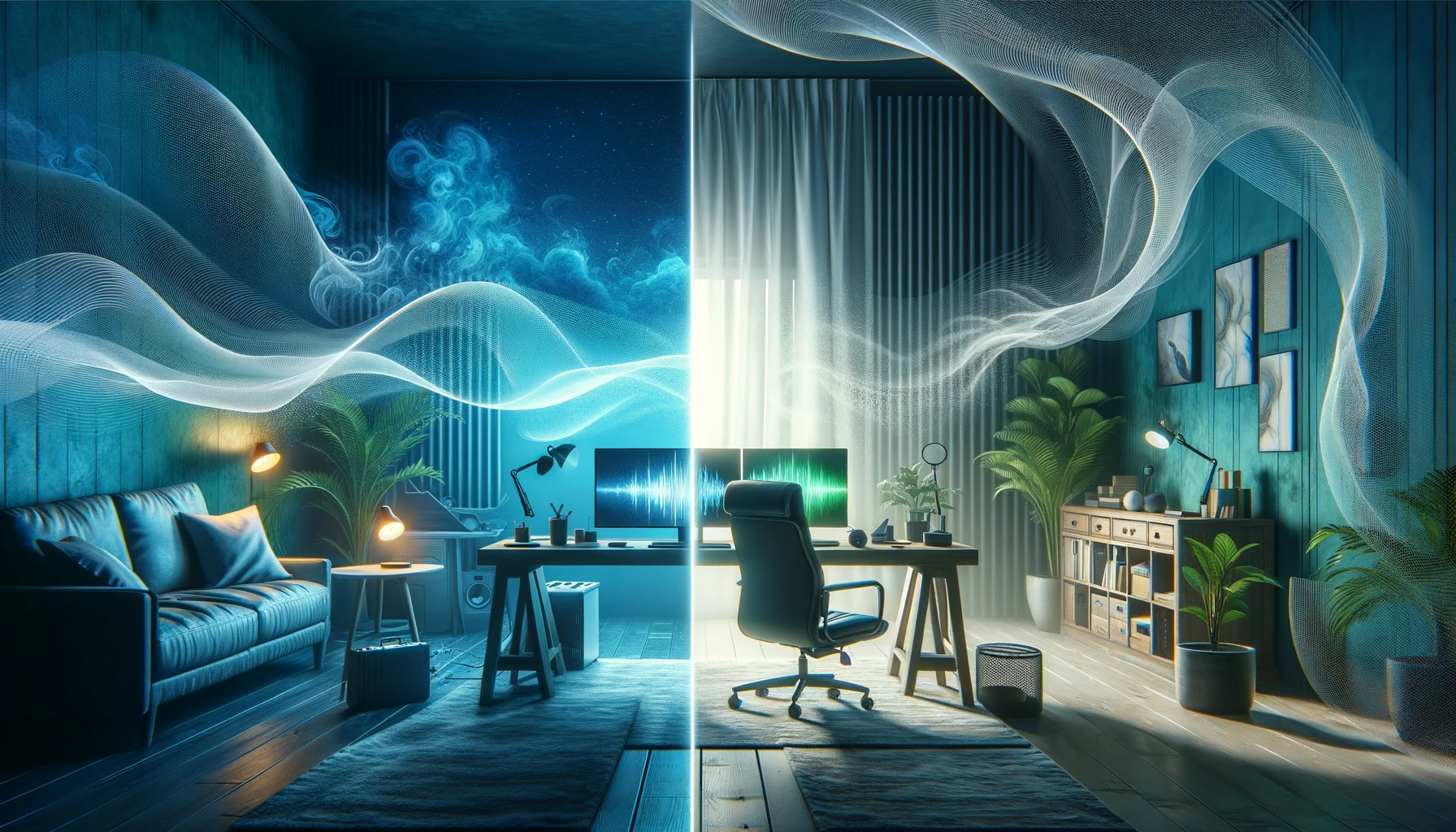 An artistic image capturing a serene home office environment that's been transformed into a noise-free zone thanks to CrystalSound. The image should evoke a sense of peace and quiet, with visual elements like a 'before and after' scenario where one side shows a chaotic, noisy environment and the other shows the same space, now calm and silent, with a visual sound barrier indicating the noise-cancelling effect. The contrast should highlight the effectiveness of CrystalSound, using a cool color palette to enhance the feeling of tranquility.