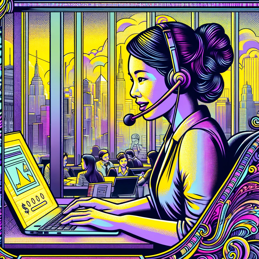 An illustration of a vibrant, energetic scene set in an office space where a Filipina woman is speaking into a headset microphone. She's seated comfortably at her desk, which is equipped with a high-tech laptop, against a backdrop of a bustling cityscape visible through a large window. The room is alive with the buzz of colleagues, but she remains in a bubble of tranquility thanks to the noise-cancellation technology of Crystal Sound. The art style is reminiscent of a currency note, with intricate patterns and a comic book flair, creating a visual metaphor for the value of clear communication in a noisy world. The colors are bright and inviting, using a palette that consists of lemon yellow, vivid magenta, deep purples, and a range of grays, accentuating the contrast between the chaos outside and the calm within her workspace.