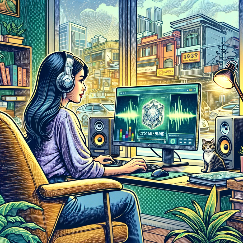 Illustration in a comic book style with fine detail like currency art. The scene depicts a Filipina professional working from home, using Crystal Sound technology on her computer. She is in a vibrant home office, with a window showing a busy street outside to indicate an urban environment. She is wearing a comfortable yet stylish work-from-home attire, focused intently on her screen where the Crystal Sound interface is visible. The environment is cozy, filled with plants and books, and her pet cat is sitting quietly by her side, illustrating a peaceful work setting despite the bustling city outside.