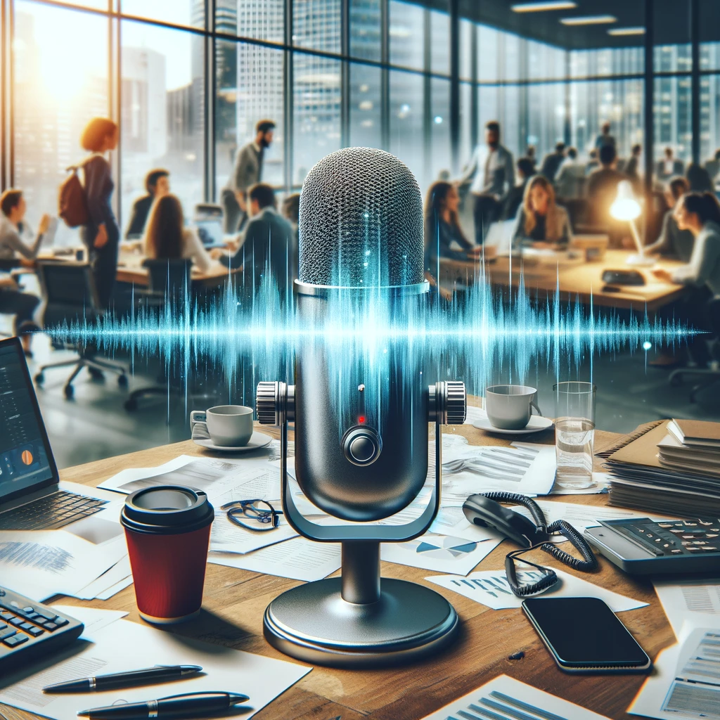 A crystal-clear waveform is emanating from a computer microphone in a bustling office space. The microphone sits prominently on a desk cluttered with papers and coffee cups. In the background, coworkers are in discussion, phones are ringing, and there's a window view of a busy city street with cars and pedestrians. Despite the busy scene, the focus is on the pure, undistorted waveform above the microphone, glowing subtly to symbolize pristine audio quality in the midst of chaos, highlighting the technology's ability to capture clear sound.