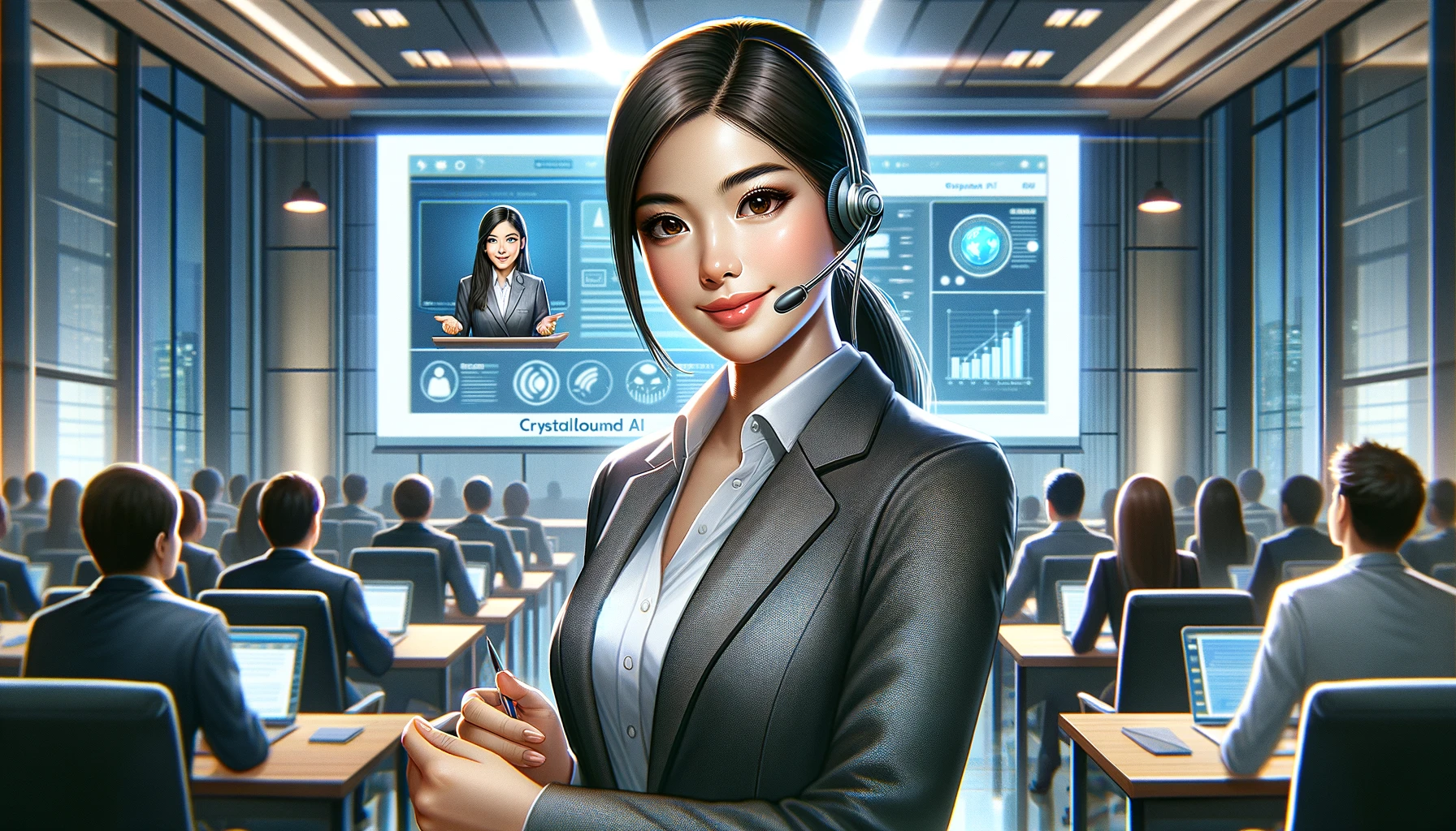 A digital painting of a Filipina Virtual Assistant giving a professional online presentation, enhanced by CrystalSound AI. She appears confident and articulate, dressed in formal attire, presenting to a global audience on her screen. The background is a sleek, modern office environment with high-tech equipment and a large digital display showing presentation slides. The audience, visible on the screen, listens intently, reflecting the clear audio transmission by CrystalSound AI. The lighting is bright and focused, emphasizing the professional and high-stakes nature of the presentation. Drawn with corporate digital art style, global audience engagement, sharp and clear visuals, glibatree prompt, hd quality, natural look --ar 16:9