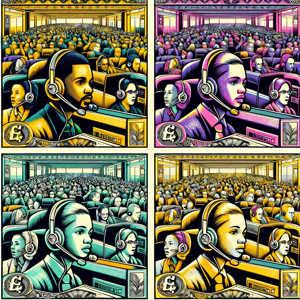 Create four abstract, artistic images with a money-printing and comic book aesthetic, each showing a crowded room full of telemarketers using CrystalSound headphones with headset mics. Each image should depict a dynamic, busy environment with multiple people of varying descents including Black, White, Hispanic, Middle-Eastern, South Asian, and East Asian, both male and female, engaged in their work. The design should be complex and decorative, with guilloche patterns like those on banknotes and bold comic book-style outlines and color blocks. Use the brand's color palette: bright yellow (#cfff2b), medium yellow (#e8ff44), soft yellow (#ffff5e), pale yellow (#ffff77), the grays (#4c5041, #8f947c, #e2e3e0, #ffffff), and purples (#d87fd8, #fea5fe, #ffb2ff, #ffcbff). The room should convey a sense of organized chaos typical of a bustling telemarketing office, with each person focused and undistracted by the noise around them thanks to the CrystalSound headphones.