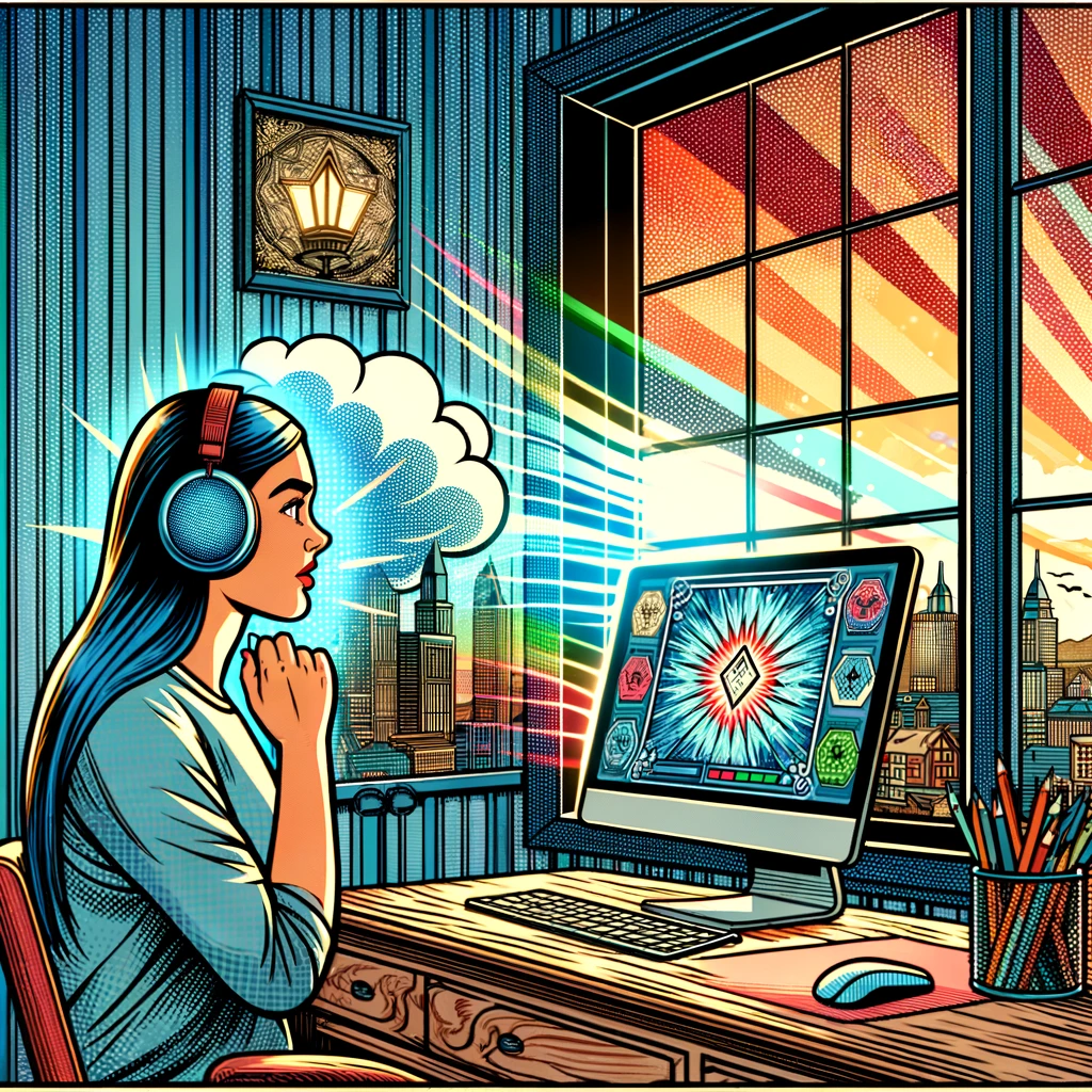 Continuing the comic book style mixed with currency engraving art, the next scene illustrates a woman in her serene home office, with a window showing a bustling city outside. She is now discovering the Crystal Sound technology on her computer. The room is bathed in a soft glow, indicating a beacon of hope. She wears a headset and looks curiously and hopefully at the screen where the Crystal Sound interface is displayed. In the corner, a small visual metaphor shows noise waves being blocked by a shield, symbolizing the noise cancellation. Use vibrant colors with fine detailed lines and bold comic outlines to depict the transformation from chaos to calm.