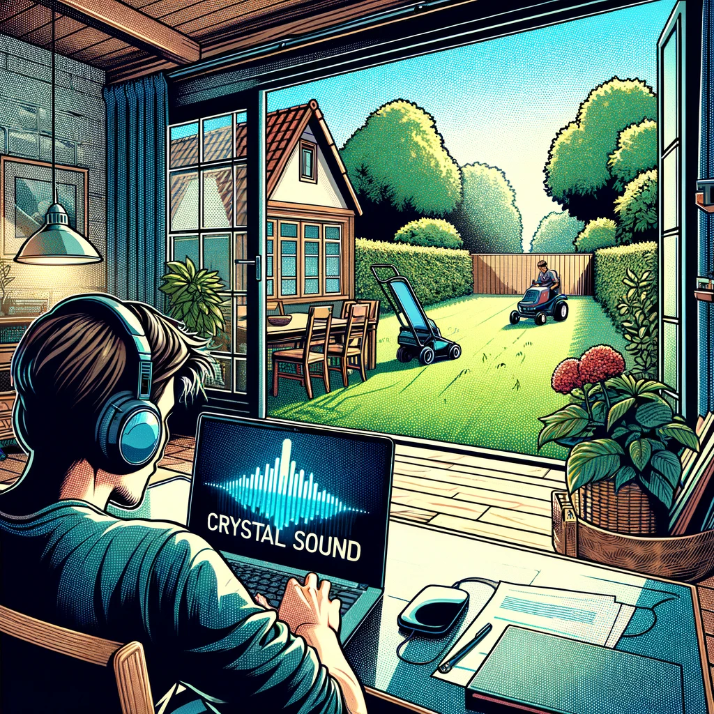 A digital illustration of a quiet suburban home workspace with a garden view, where a freelancer is using a laptop that displays the 'Crystal Sound' logo, indicating the use of noise-cancellation software. The room is bathed in natural light with greenery visible outside the window, providing a contrast between the tranquil work environment and the typical suburban sounds of lawnmowers and children playing. The artwork should be rendered in a comic book style, with rich colors and clear lines, creating an atmosphere of serene productivity enabled by technology like Crystal Sound.