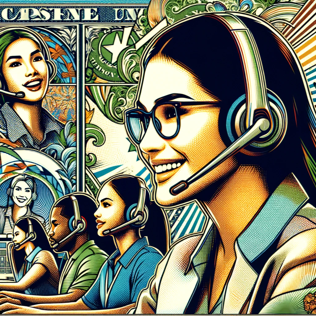 Create an abstract, artistic image with a money-printing and comic book aesthetic, showcasing a dynamic and diverse scene in a call center or home office. Feature Filipina employees with headset microphones, captured from various angles to add depth and variety. The atmosphere should be positive and inclusive, highlighting the use of CrystalSound's noise-cancellation technology. Incorporate the vibrant brand color palette, detailed guilloche patterns, and bold comic book-style outlines to create a lively yet professional workspace.