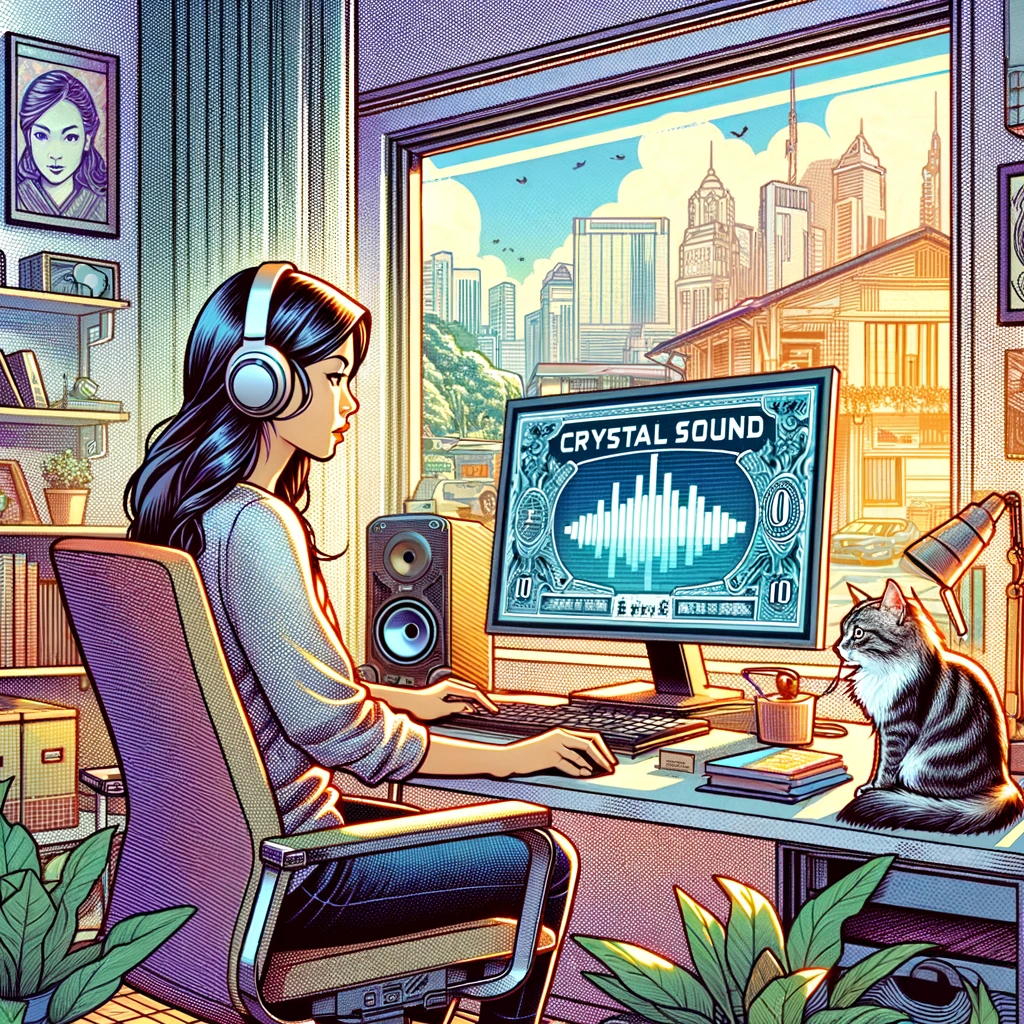 Illustration in a comic book style with fine detail like currency art. The scene depicts a Filipina professional working from home, using Crystal Sound technology on her computer. She is in a vibrant home office, with a window showing a busy street outside to indicate an urban environment. She is wearing a comfortable yet stylish work-from-home attire, focused intently on her screen where the Crystal Sound interface is visible. The environment is cozy, filled with plants and books, and her pet cat is sitting quietly by her side, illustrating a peaceful work setting despite the bustling city outside.