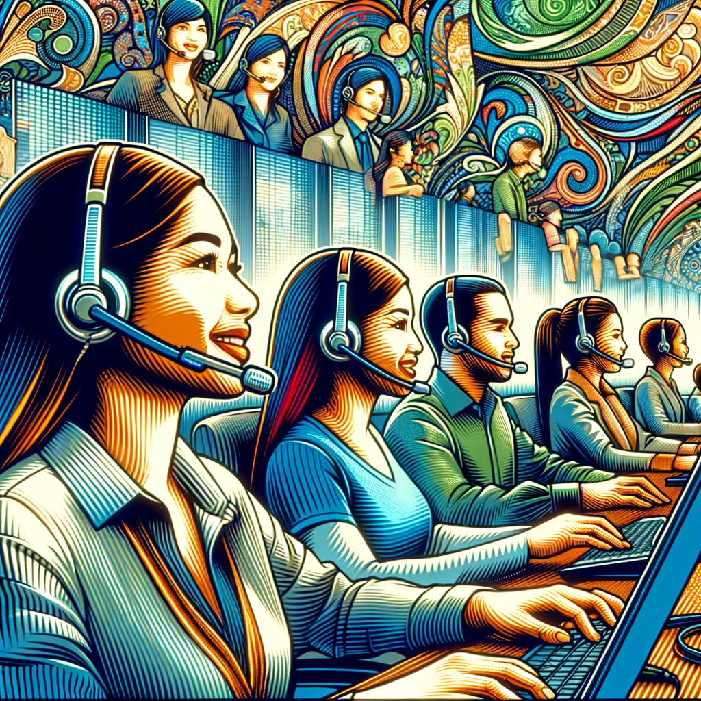 Create an abstract, artistic image with a money-printing and comic book aesthetic, showcasing a dynamic and diverse scene in a call center or home office. Feature Filipina employees with headset microphones, captured from various angles to add depth and variety. The atmosphere should be positive and inclusive, highlighting the use of CrystalSound's noise-cancellation technology. Incorporate the vibrant brand color palette, detailed guilloche patterns, and bold comic book-style outlines to create a lively yet professional workspace.