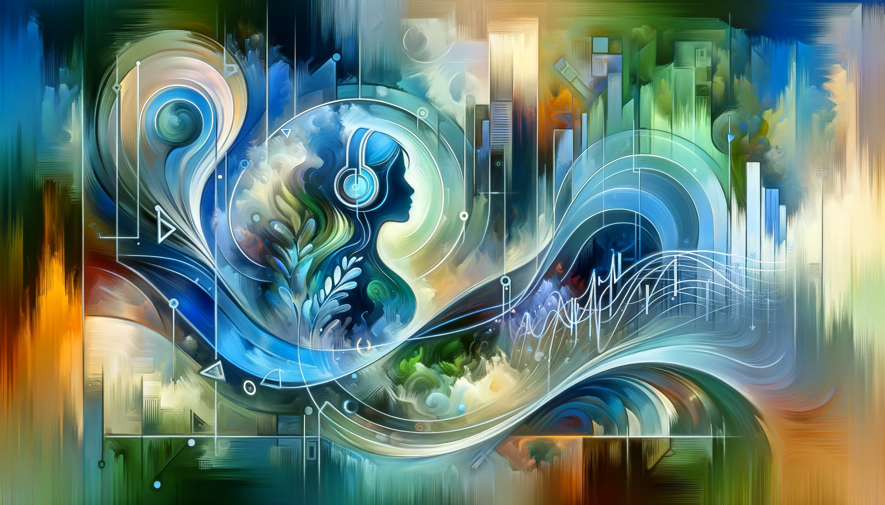 A digital painting capturing the essence of CrystalSound AI in an abstract, artistic form. The artwork features a Filipina Virtual Assistant as a graceful silhouette merged with digital sound waves and abstract shapes. These elements symbolize the harmony of technology and human interaction. The color palette includes serene blues and vibrant greens, representing clarity and innovation. The background is a blend of soft, flowing forms and sharp geometric patterns, creating a visually pleasing and thought-provoking contrast. Drawn with abstract digital art style, harmonious and innovative theme, captivating and soothing visuals, glibatree prompt, hd quality, natural look --ar 16:9