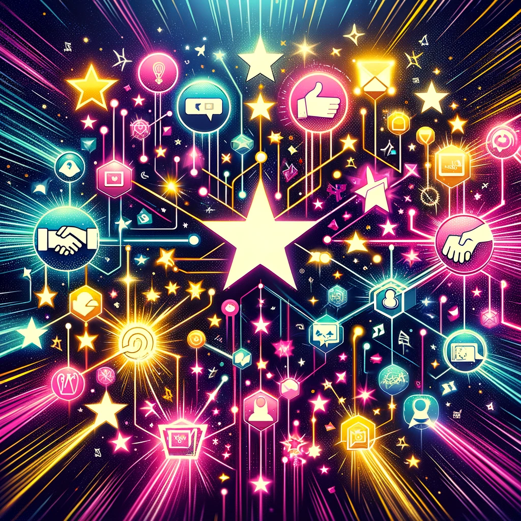 Create an abstract and dynamic image representing influencer management, showcasing connections between influencers and brands. Visualize a network of stars, social media icons, and handshake symbols interwoven with colorful lines that symbolize deals and collaborations. The color scheme should be vibrant and engaging, with pinks, yellows, and blues to reflect the creative and social nature of influencer marketing. This image embodies the role of networking, strategy, and the excitement of bridging deals and dreams in the digital marketing landscape.