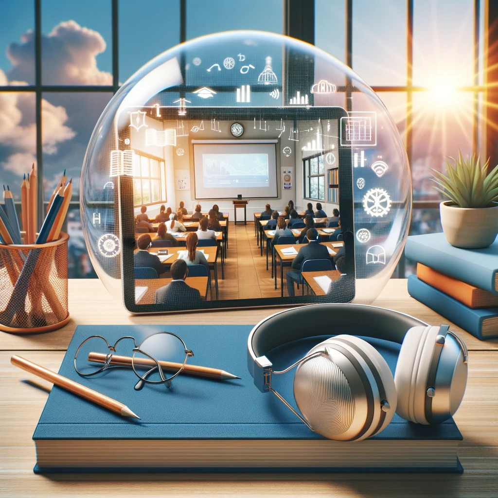 Create an image that symbolizes the concept of 'focus on learning, not the noise' for an e-learning platform. Visualize a serene study environment with a digital tablet displaying a clear, live classroom session. In the foreground, a pair of noise-cancelling headphones sits on a desk next to the tablet. The surrounding area should have soft visual representations of noise, like blurred street scenes or distorted sound waves, being blocked out by a clear bubble around the study space. Use a professional and inviting color palette with earth tones and soft blues to resonate with educators and students.