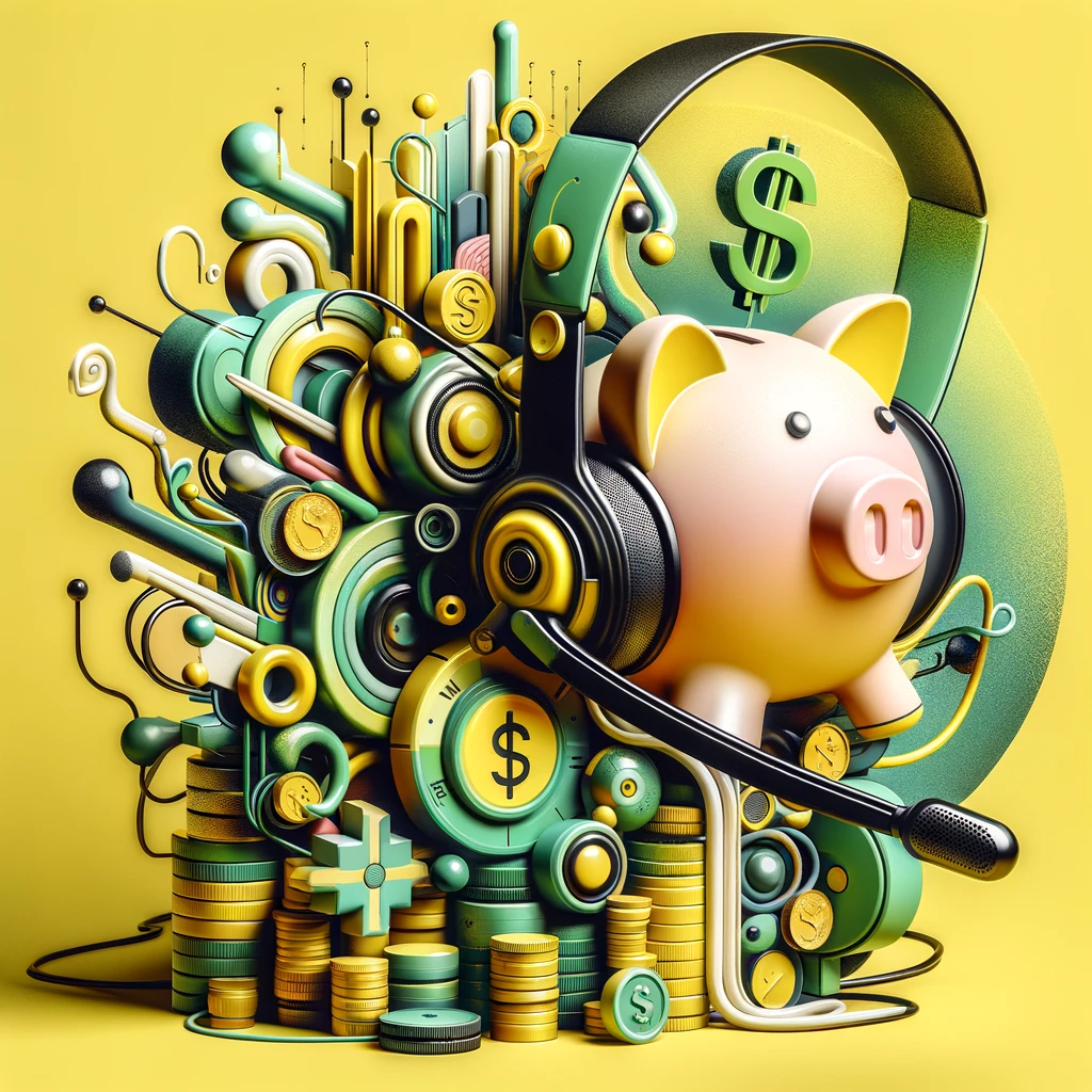 An imaginative visual composition that suggests cost-saving in the context of advanced technology, with a color palette that includes highlighter yellow and a touch of green. The artwork should creatively intertwine imagery of piggy banks, coins, and financial elements with that of a computer headset and microphone, symbolizing economical communication solutions. The style should be modern and abstract, focusing on the themes of affordability and high-tech voice equipment, designed to resonate with the idea of saving money while using state-of-the-art voice technology, without including text or numerals.