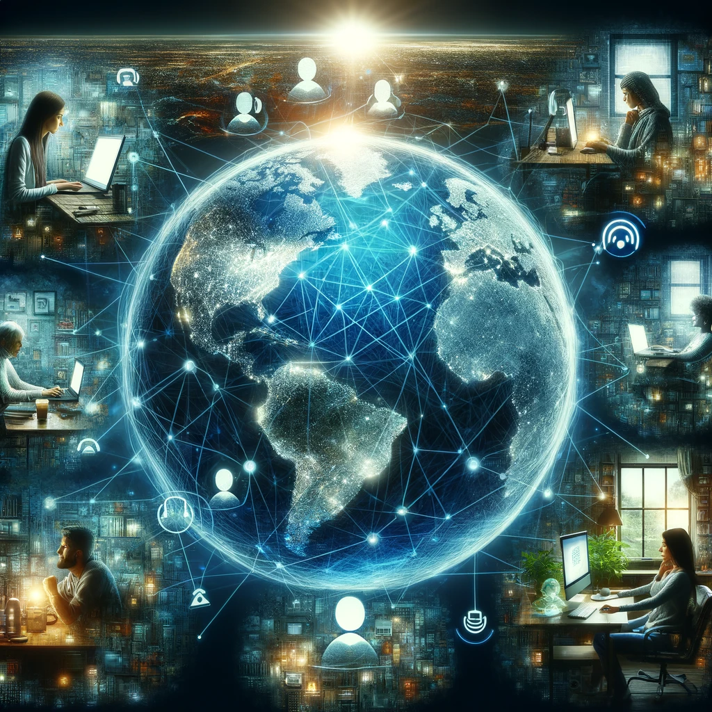 An intricately detailed globe is centered in the image, with digital lines connecting various individuals around the world, each represented in a different environment. One is in a bustling cityscape, another in a quiet suburban home office, another in a cafe, and the last one in a park. The digital lines are glowing, signifying a crystal-clear communication link. Each person has a laptop or device, and their expressions are focused and content, illustrating that despite the various background settings, there is no noise interference in their communication, representing global connectivity without barriers.