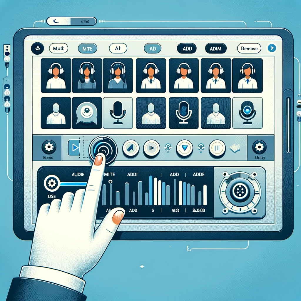 Illustrate an image that captures the ease of team management for online educators using an audio solution. Picture a streamlined, digital control panel or dashboard, showing user profiles with status indicators, and audio levels being adjusted in real-time. Include interactive buttons labeled for user functions like 'mute', 'add', or 'remove', highlighting the intuitive nature of the platform. The design should have a clean, professional look with a color scheme of cool greys, blues, and white, suggesting a sophisticated technology tailored for educators and students.