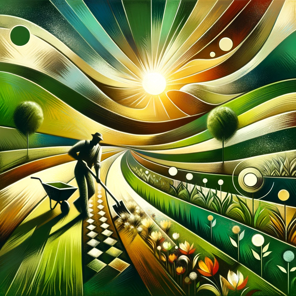 Illustrate an abstract concept of landscaping and manual labor, depicting an impressionist garden scene with rolling green hills, a sunlit sky, and blooming flowers. A figure in the foreground is engaging with the earth, perhaps shoveling or planting. Incorporate abstract elements like geometric shapes or stylized sun rays to represent physical energy, using earthy tones of greens, browns, and yellows. This image evokes the essence of growth and the natural connection to the earth, blending physical labor with the beauty of the outdoors.