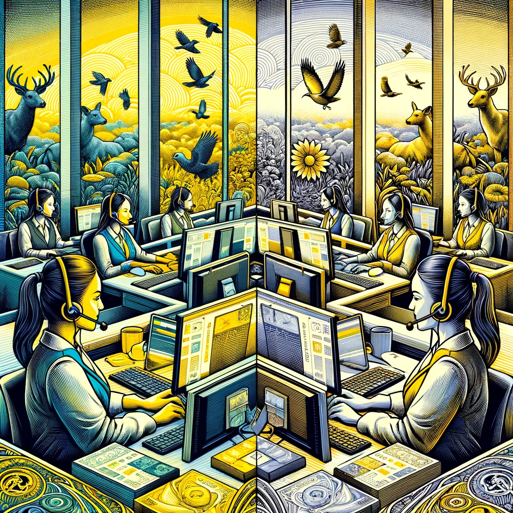 Create two abstract, artistic images with a money-printing and comic book aesthetic, depicting Filipina telemarketers in an office setting, with animals visible outside the window. The images should incorporate the guilloche patterns of currency and the vibrant, bold linework of comic books. Utilize the brand's color palette, with bright yellow (#cfff2b), medium yellow (#e8ff44), soft yellow (#ffff5e), pale yellow (#ffff77), the grays (#4c5041, #8f947c, #e2e3e0, #ffffff), and purples (#d87fd8, #fea5fe, #ffb2ff, #ffcbff). The office should be lively, with each Filipina professional engaged in their work, wearing CrystalSound headphones. The outside view should show a serene setting with a variety of animals, such as birds or a deer, adding a peaceful contrast to the busy office environment.