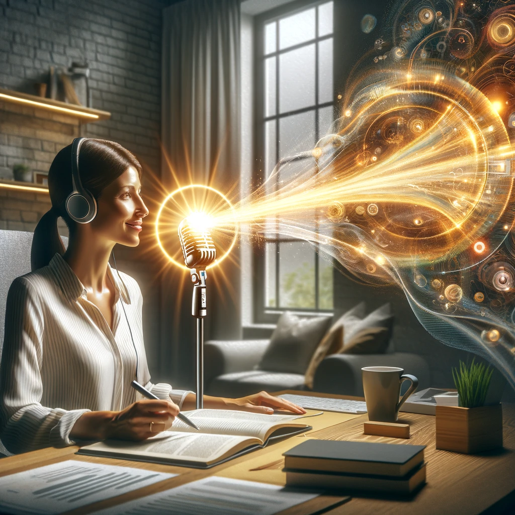 In a cozy and well-lit home office, a woman is seated confidently at her desk giving a virtual presentation. She is wearing a professional headset with a microphone. From her mouth, a luminous, golden beam of light representing her voice projects forward, piercing through a swirl of visual noise around her. This visual noise is an artistic, abstract representation of various sounds like barking dogs, ringing phones, and city traffic. The shining beam from the microphone stands out as a focused ray of clarity amidst the chaos, symbolizing the woman's ability to maintain clear communication despite potential distractions.