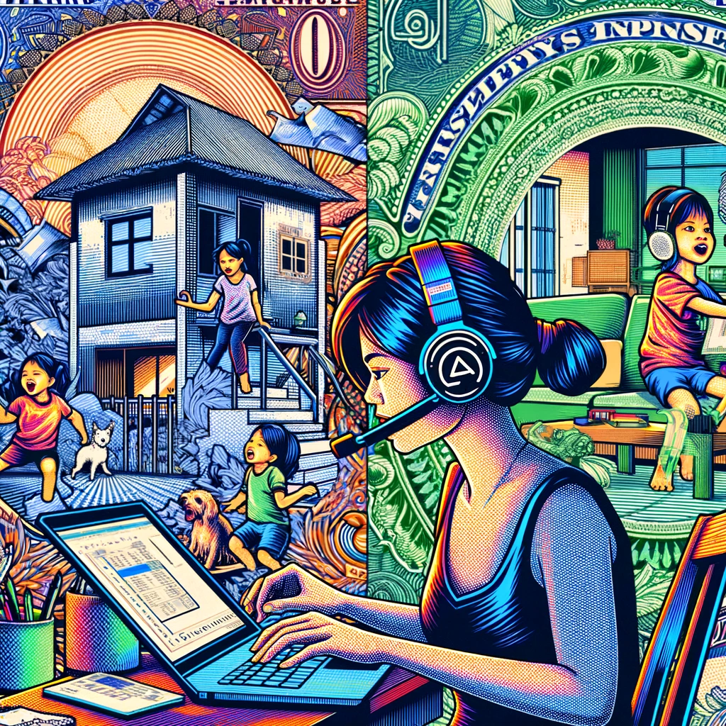 Create two abstract, artistic images with a money-printing and comic book aesthetic, featuring a Filipina woman working from home in the Philippines. She is using CrystalSound headphones with a headset mic to cancel noise. The home environment is filled with the lively presence of children playing and a dog barking. The scene should have intricate guilloche patterns from currency and vibrant comic book-style outlines, with the brand's color scheme. The imagery should depict a busy yet harmonious domestic scene where, despite the energetic children and the loud dog, the woman remains undisturbed and focused on her work thanks to the noise-canceling headphones.