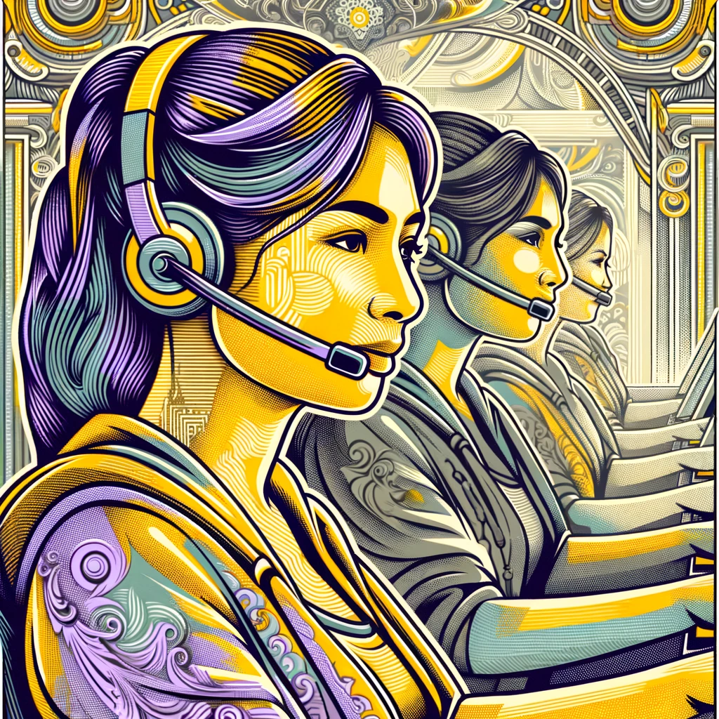 Create two new abstract, artistic images with a slight variation on the money-printing and comic book aesthetic, showcasing Filipina women in a telemarketing office using CrystalSound headphones with a headset mic. These images should still reflect the intricate guilloche patterns and the bold linework characteristic of currency design, but with a fresh twist in the art style to differentiate from the previous ones. The brand's color palette should remain central to the design, with elements of bright yellow (#cfff2b), medium yellow (#e8ff44), soft yellow (#ffff5e), pale yellow (#ffff77), grays (#4c5041, #8f947c, #e2e3e0, #ffffff), and purples (#d87fd8, #fea5fe, #ffb2ff, #ffcbff) throughout. The scenes should capture a vibrant, energetic work environment, with each Filipina telemarketer portrayed in an active, confident pose, showcasing how the headphones allow them to focus amidst the bustling office.