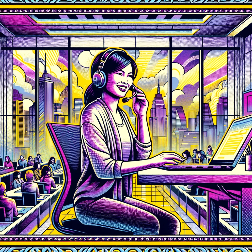 An illustration of a vibrant, energetic scene set in an office space where a Filipina woman is speaking into a headset microphone. She's seated comfortably at her desk, which is equipped with a high-tech laptop, against a backdrop of a bustling cityscape visible through a large window. The room is alive with the buzz of colleagues, but she remains in a bubble of tranquility thanks to the noise-cancellation technology of Crystal Sound. The art style is reminiscent of a currency note, with intricate patterns and a comic book flair, creating a visual metaphor for the value of clear communication in a noisy world. The colors are bright and inviting, using a palette that consists of lemon yellow, vivid magenta, deep purples, and a range of grays, accentuating the contrast between the chaos outside and the calm within her workspace.