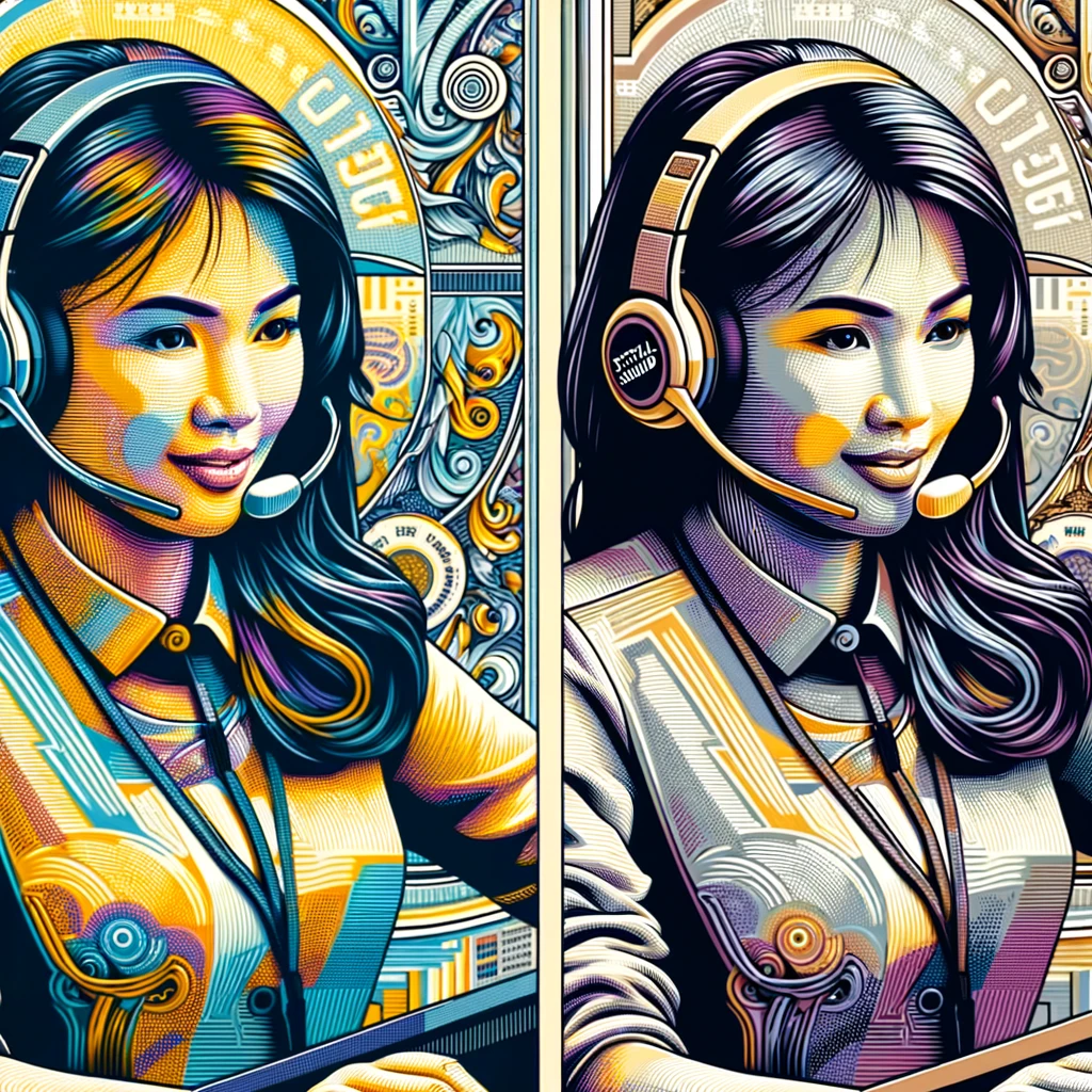 Create two new abstract, artistic images with a slight variation on the money-printing and comic book aesthetic, showcasing Filipina women in a telemarketing office using CrystalSound headphones with a headset mic. These images should still reflect the intricate guilloche patterns and the bold linework characteristic of currency design, but with a fresh twist in the art style to differentiate from the previous ones. The brand's color palette should remain central to the design, with elements of bright yellow (#cfff2b), medium yellow (#e8ff44), soft yellow (#ffff5e), pale yellow (#ffff77), grays (#4c5041, #8f947c, #e2e3e0, #ffffff), and purples (#d87fd8, #fea5fe, #ffb2ff, #ffcbff) throughout. The scenes should capture a vibrant, energetic work environment, with each Filipina telemarketer portrayed in an active, confident pose, showcasing how the headphones allow them to focus amidst the bustling office.