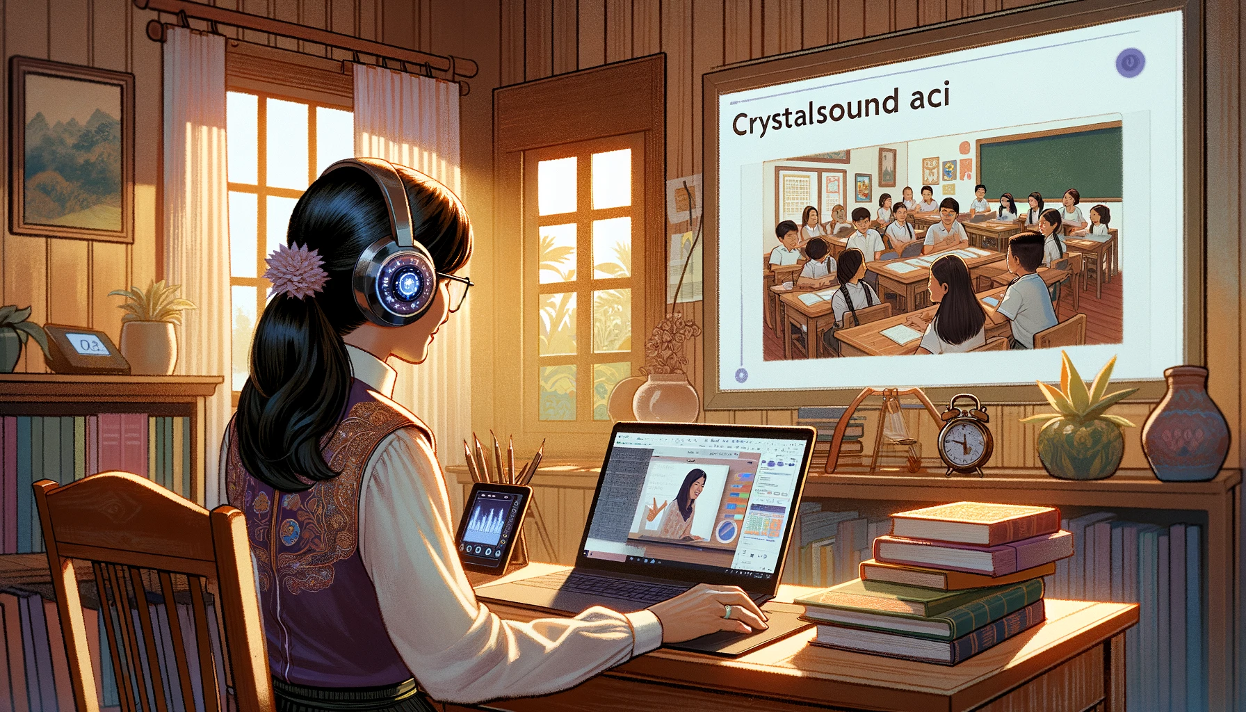 Long Distance Teacher conducting an online class, using CrystalSound AI for clear audio. She is depicted in a teacher's role, actively engaging with students on her computer screen. The virtual assistant is in a home environment, surrounded by educational materials and a digital blackboard displaying lesson content. Students on the screen appear attentive and interactive, showcasing the effectiveness of noise-free communication. The room is filled with soft, warm lighting, creating a conducive learning atmosphere. Drawn with educational digital art style, interactive teaching scene, warm and inviting colors, glibatree prompt, hd quality, natural look --ar 16:9